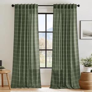 RYB HOME Olive Green Curtains 96 Inches Long, Linen Blend Soft Light Filtering Gingham Curtains Farmhouse Bedroom Curtains Window Drapes, Rod Pocket Back Tab, Each 52W x 96L, Set 2 Panels