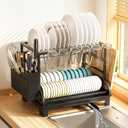 2-Tier Foldable Dish Drying Rack with Drainboard, Stainless Steel Large Capacity Kitchen Counter Organizer with Cup Holder, Utensil & Cutting Board Storage, No Assembly Required, Black