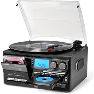 Record Player Built-in Speakers 10 in 1 Turntable with CD Cassette Tape AM FM Radio Function 3 Speed BT Input Output LP Player Support USB SD AUX RCA Playback Remote Control Auto Stop Retro Wood Black