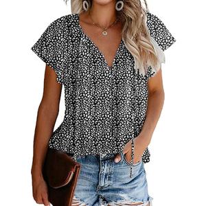 Women's Short Sleeve Casual Shirts Boho Floral Print V Neck Tops Loose Blouses (Black, M)