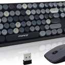 FOPETT Wireless Keyboard and Mouse Combo - 2.4G Full-Sized Cute Colorful Retro Keyboard with Round Keycaps 104 Keys Typewriter Keyboard for Laptop/Windows/PC - Grey Colorful