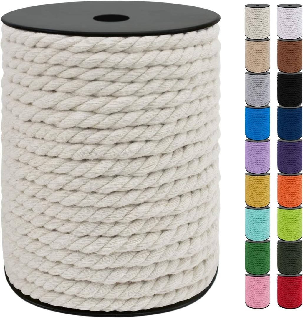 JeogYong 8mm Macrame Cord, 131 Feet Natural Macrame Rope Yarn, 3 Strand Twisted Cotton String for DIY Crafts Wall Hanging Plant Hangers Gift Wrapping Decorations (Natural)