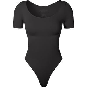 KSKshape Short Sleeve Bodysuit for Women Tummy Control Scoop Neck Shapewear Bodysuit Tshirt Top (X-Large, Black)