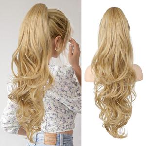 Flufymooz 26" Ponytail Extension, Long Wavy Curly Claw Clip in Ponytail Hair Extensions, Natural Synthetic Hairpiece for Women Daily Wear (Golden Blonde with Highlight)