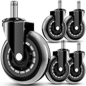 RidRed Office Chair Wheels - Replacement Rubber Wheels - Universal Fit 3 Inch Casters, Heavy-Duty Chair Casters, Noise Free, Fits 98% Chair, for All Floor (5) (Transparent)