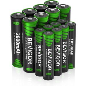 BEVIGOR 16 Sets AA AAA Rechargeable Batteries, High Capacity 8-Pack AA 2800mAh & 8-Pack AAA 1100mAh, 1.2V NiMH Low Self Discharge Telephone Batteries