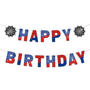Spider Birthday Banner, Pre-Strung Spider Web Theme Happy Birthday Decoration Sign Cartoon Movie Hanging Bunting Garland for Boys Kids Party Baby Shower Decor Supplies
