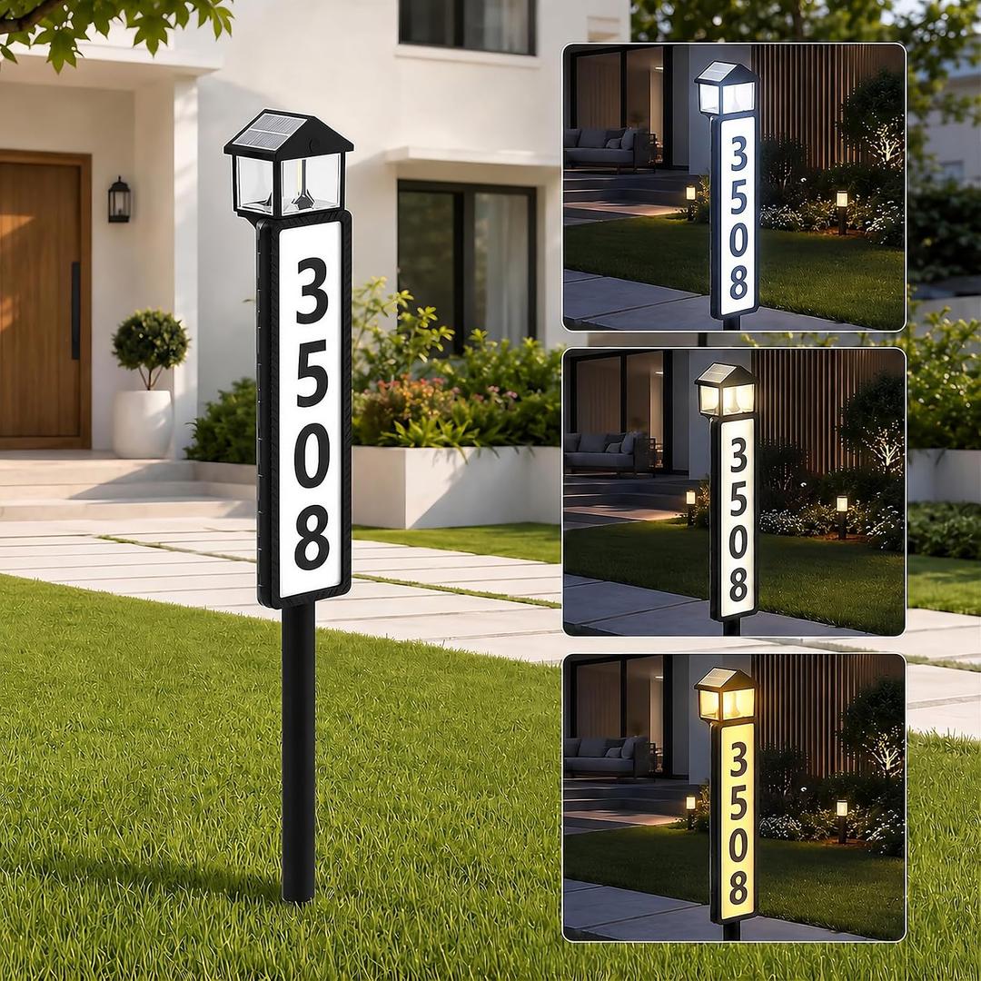 Solar Address Sign for Outside, Lantern-Style Solar Powered House Number Sign with Stake, 3 Lighting Modes, LED Illuminated Address Plaque Waterproof for Yard Lawn Garden