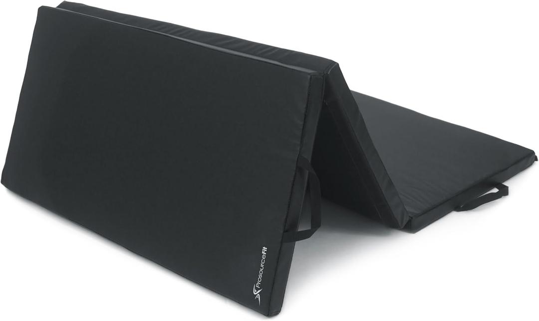 ProsourceFit Tri-Fold Folding Thick Exercise Mat 6x4 with Carrying Handles for Tumbling, Martial Arts, Gymnastics, Stretching, Core Workouts (Black.)