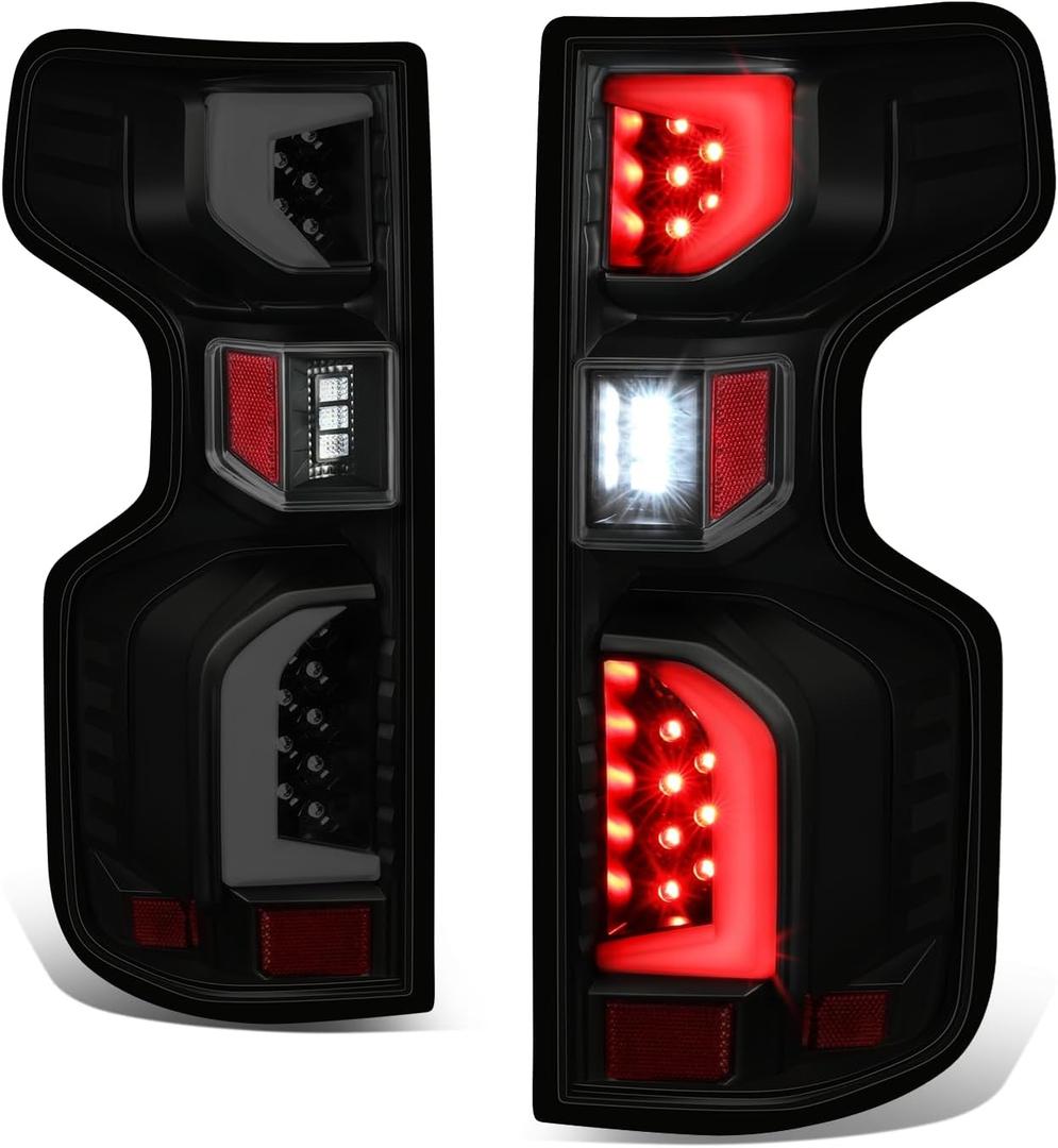 Auto Dynasty Tail Lights Compatible with 2019-2024 Chevy Silverado 1500 WT LT LTD, Red LED DRL Rear Brake Lamps, Driver and Passenger Side, Black Housing Smoked Lens