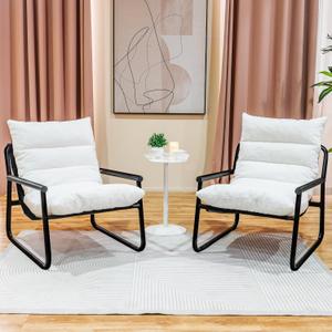 Plush Modern Accent Chair Set of 2 or Single Comfy Chair for Bedroom  Ergonomic Lounge Chair with Stylish Upholstery, Space-Saving Design & Easy Assembly White