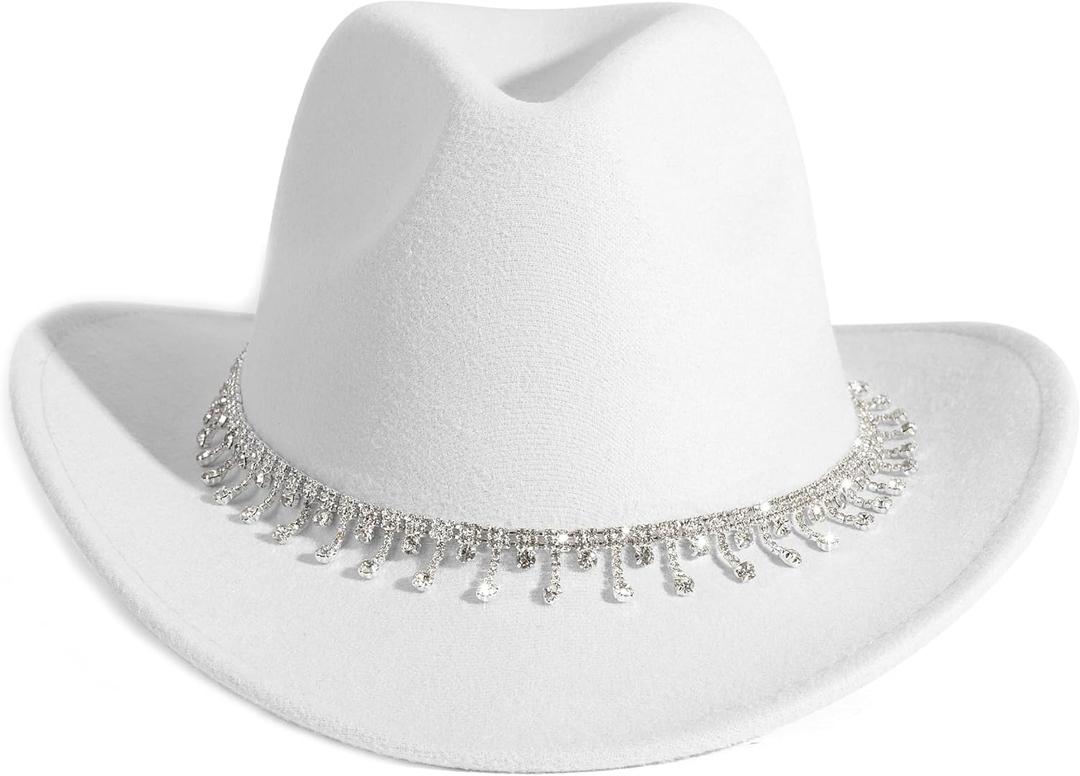 Rhinestone Cowgirl Cowboy Hat Shiny Wide Brim Hat for Party (White)