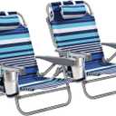 5-Position Aluminum Lay Flat Backpack Beach Chair 2 Pack, Compact Portable Low Beach Chairs for Adults, Beach Chair with Cooler Pouch, Storage Pouch, Towel Bar, Cup Holder, Blue Stripe