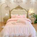 MOOWOO Pink Bedding-Romantic Ruffle Lace Bedding Set 3 Piece Comforter Fulll Duvet Cover with Zipper Closure,Coquette Room Decor-Pink,Full Size
