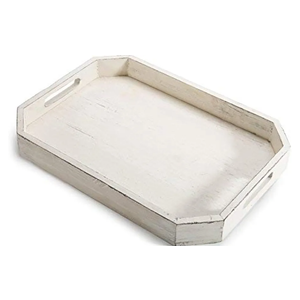 MyGift Whitewashed Wood Serving Tray with Handles and Angles Edges, Farmhouse Coffee Table Decorative Tray