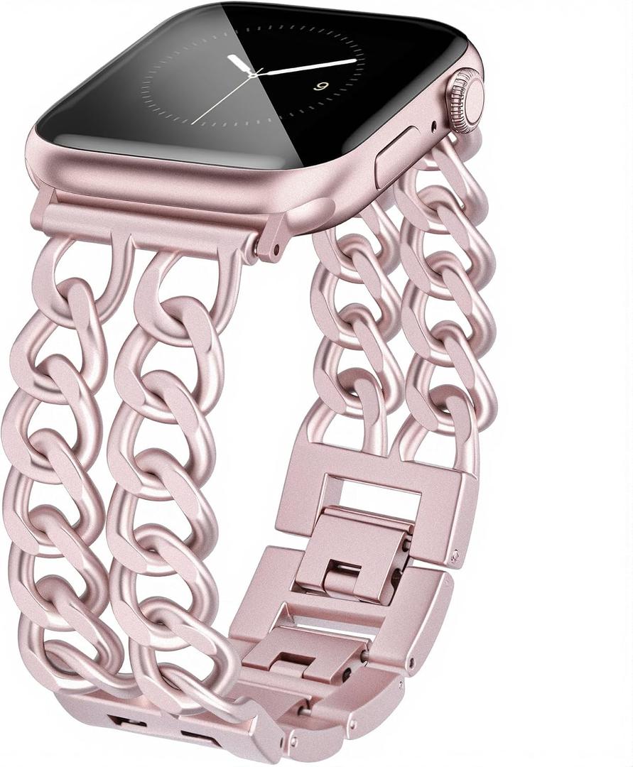 JR.DM Pink Watch Bands for Women Compatible with Apple Watch 38mm 40mm 41mm 42mm (S10/11) Adjustable Metal Band Cowboy Steel Chain Bracelet for iWatch Series1/2/3/4/5/6/7/8/9/10/11 SE 3/2/1 (No Case)