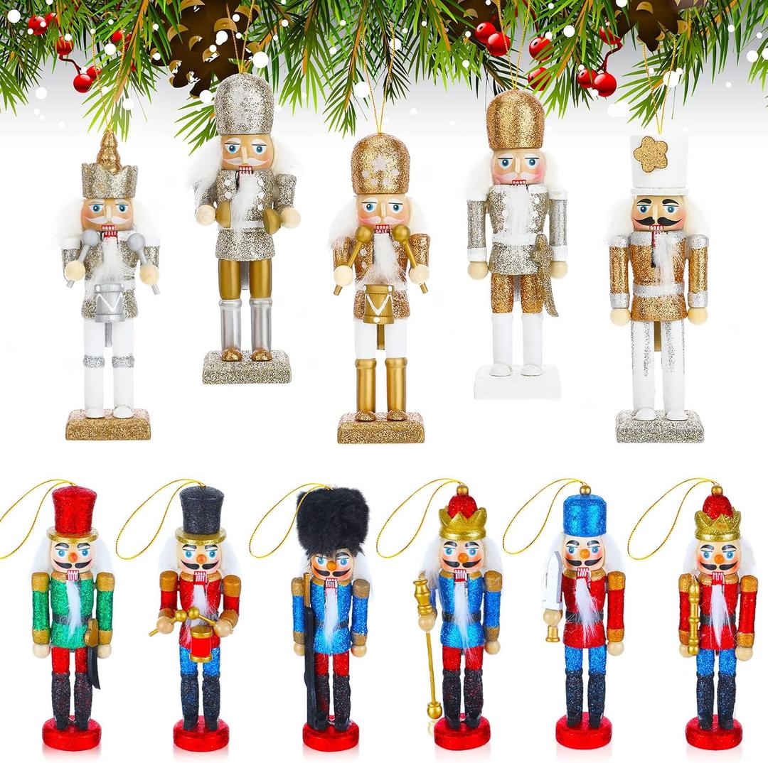 11 Piece Christmas Nutcracker Set Wooden Soldier Nutcrackers Hanging Ornaments for Xmas Tree Table Decor(Fresh Style)