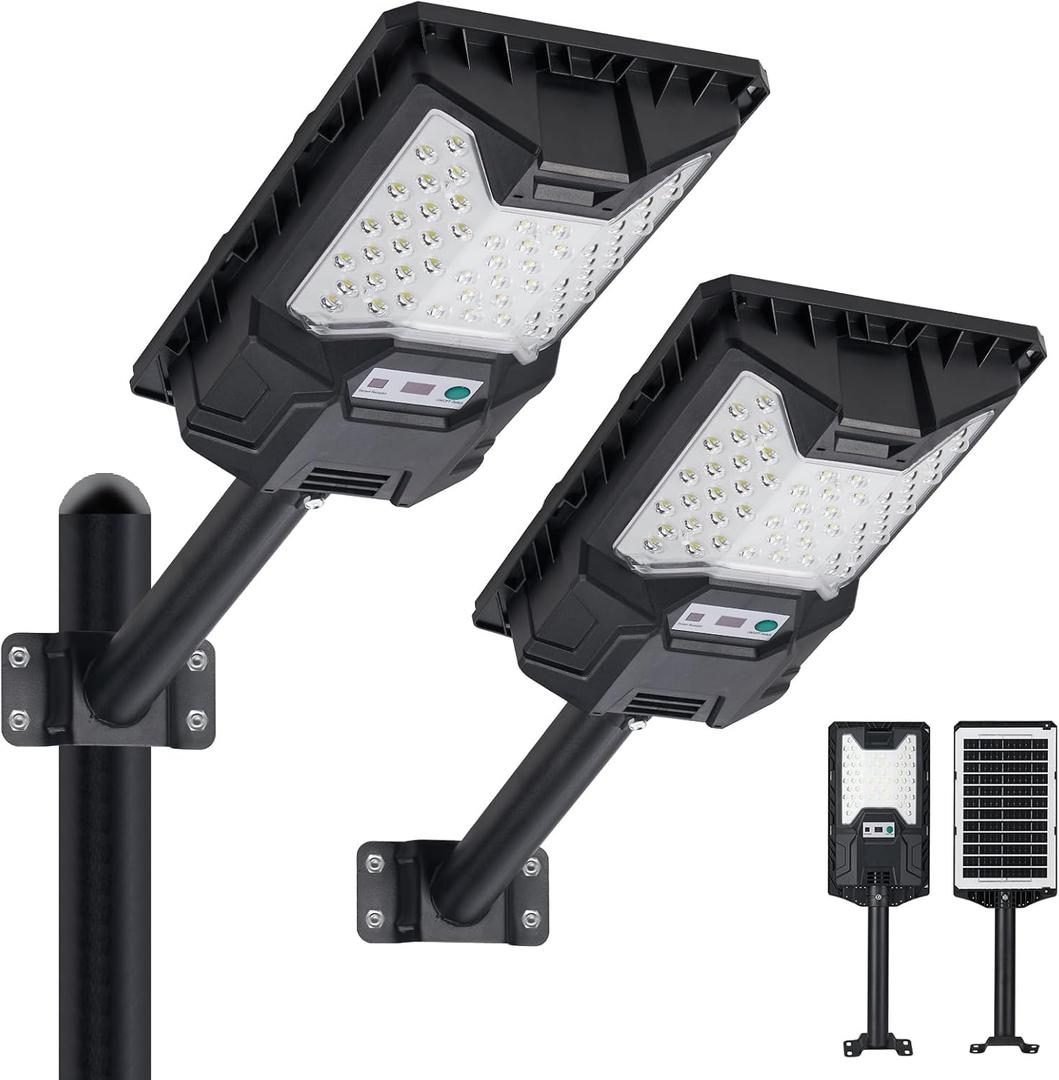 Solar Street Lights Outdoor 20000LM, Solar Powered LED Flood Light with Motion Sensor & Remote Control, Dusk to Dawn Security Lighting, 3 Color Modes, Wide Angle for Parking Lot Yard, 2 Pack