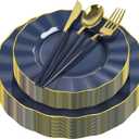 150Pcs Plastic Plates with Gold Rim,Heavy Duty Blue Plates for 30 Guests,Plastic Dinnerware Set Include 30 Dinner Plate,30 Dessert Plate,90 Gold Cutlery Set for Party (Blue)