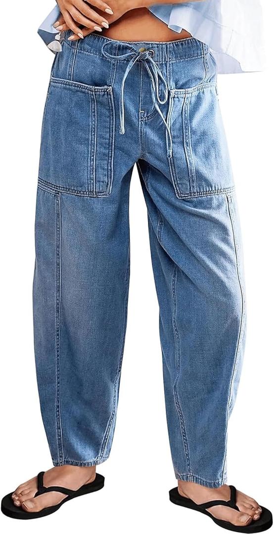 Barrel Jeans for Women Stretch Elastic Waist Pull-on Wide Leg Baggy Pants Lightweight Casual Crop Denim with Drawstring (Large, Flutter New) Barrel Jeans for Women Stretch Elastic Waist Pull-on Wide Leg Baggy Pants Lightweight Casual Crop Denim with Drawstring (Large, Flutter New)