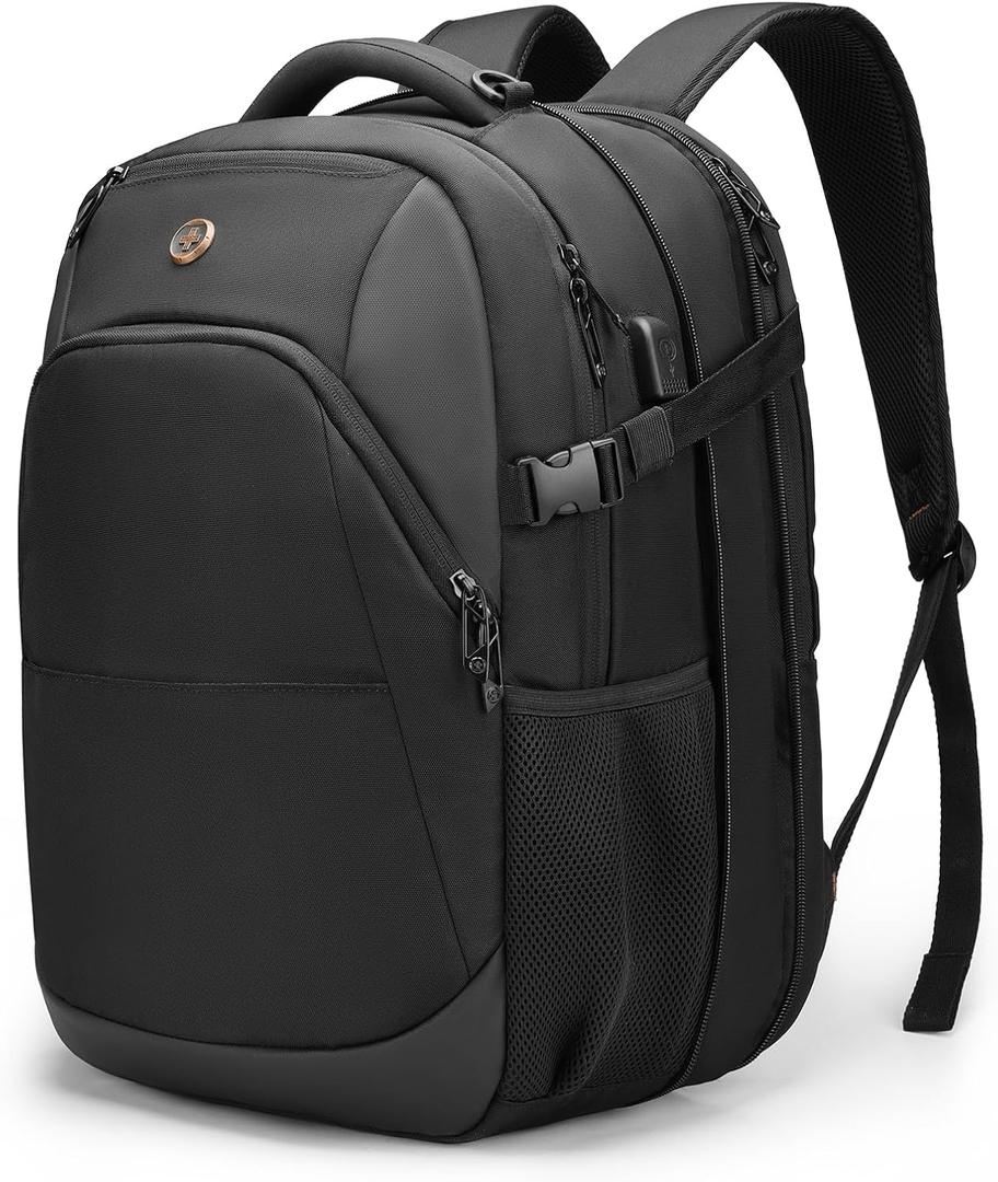 Swissdigital Design Travel Laptop Backpack, 35L Expandable Large College Laptops Backpack with USB Charging Port for Men and Women Fits 17 Inch Notebook, Black | SD1671-01