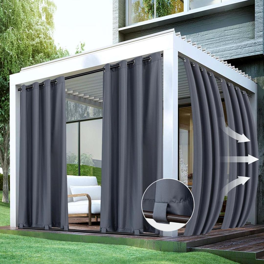 HolidayIdeas Patio Curtains Outdoor Waterproof 4 Panels 54x95 Inch-Windproof Light Flitering Outdoor Privacy Curtains Grommet Top and Tab Bottom Drape for Gazebo, Porch, Pergola, Cabana, Backyard Grey