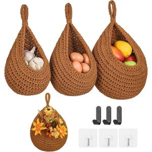 Boho Wall Hanging Fruit Baskets for Kitchen 3 Pack Woven Produce Holder with 6 Pcs Strong Hooks Vegetable Hanging Basket for Organizing Teardrop Home Wall Potato Onion Storage, Caramel