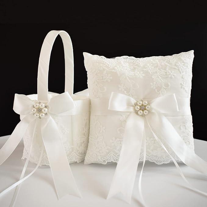 ATAILOVE Ivory Wedding Flower Girl Basket and Ring Bearer Pillow Set, Satin Fairy Lace Flower Baskets for Flower Girl ATAILOVE Ivory Wedding Flower Girl Basket and Ring Bearer Pillow Set, Satin Fairy Lace Flower Baskets for Flower Girl