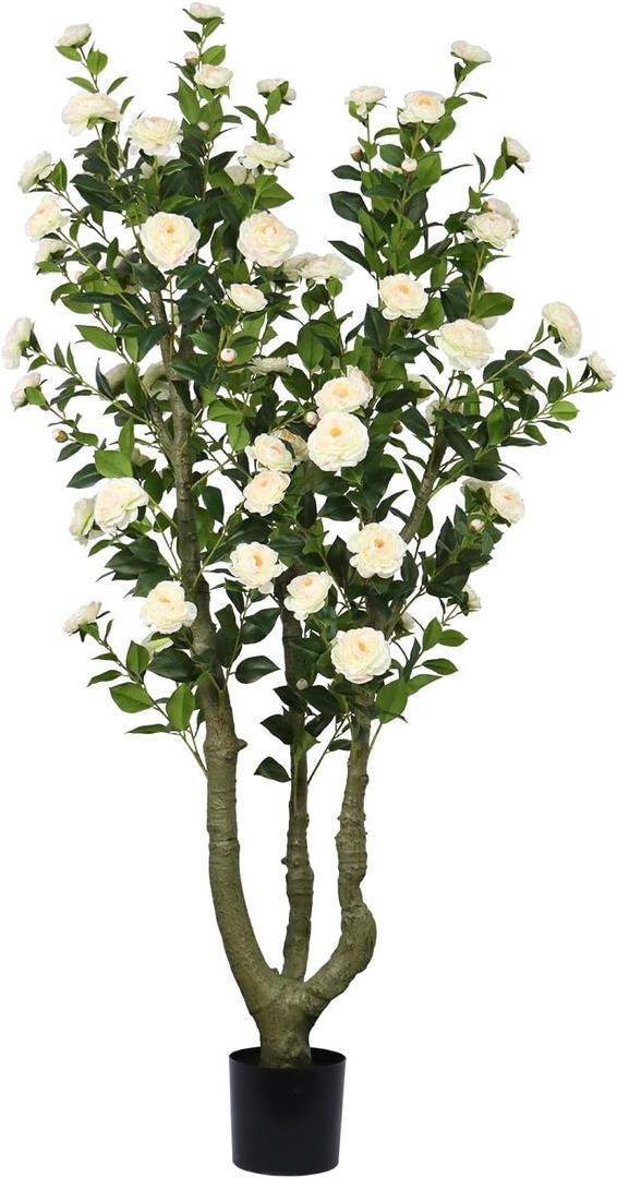 6.5ft Tall Camellia Artificial Tree, Handmade Faux Floral Camellia Tree, Pink White Blooming Flowers & Green Leaves, Artificial Plants for Home Front Door Decor Indoor Outdoor Party Wedding, Pack of 2