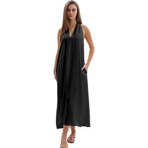 Amazhiyu Women's Linen Halter Sleeveless Casual Summer Maxi Dresses with Pockets (Large, Black)