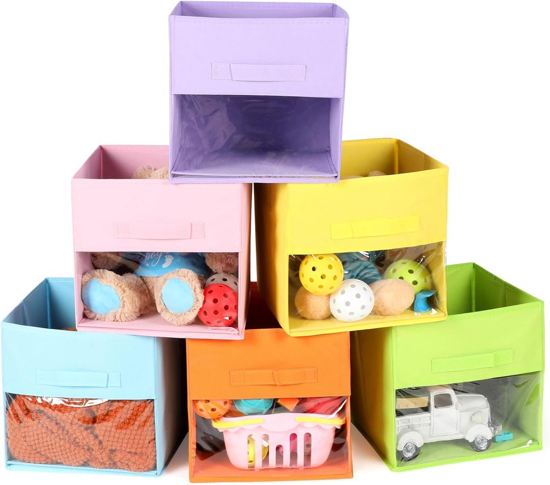 Thyle 3 Pieces Cubes Storage Bins for Kids with Clear Window and Handles Foldable Fabric Cubical Storage Organizer Collapsible Baskets for Closet Organization Box for Nursery Shelves Clothes Toys