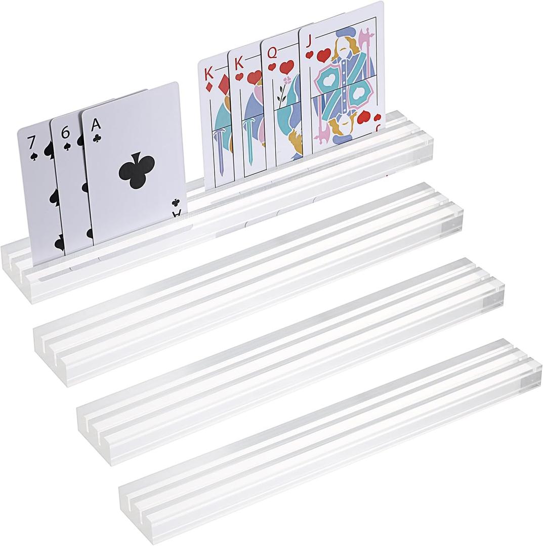 OwnMy Set of 4 Acrylic Playing Card Holders with Dual Grooves, 9.8" Length x 1.4" Width Clear Playing Card Decks Card Stands with 2 Slots, Acrylic Game Card Racks Organizer Accessories for Seniors