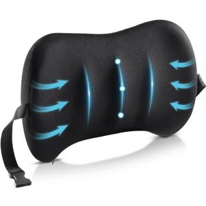 Lumbar Support Pillow for Car Seat and Office Chair, Memory Foam Back Cushion with Breathable Cover and Adjustable Straps for Driving, Ergonomic Orthopedic Back Rest Lower Back Support, Black