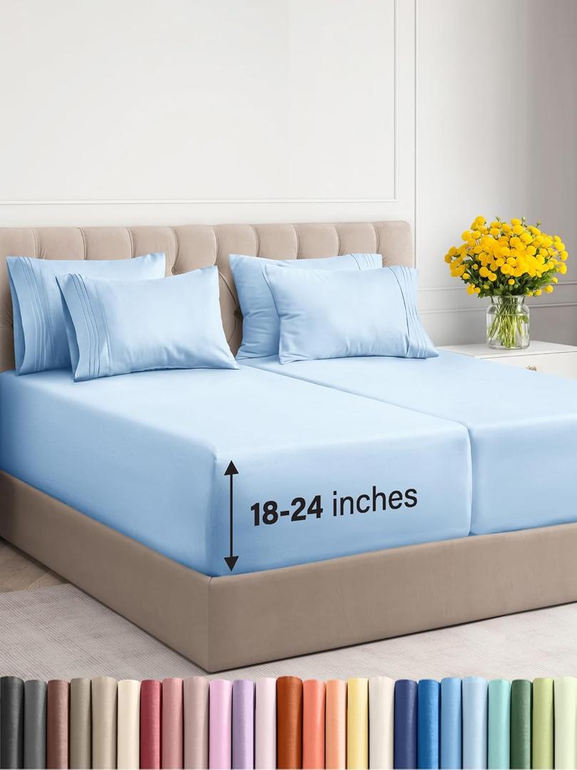 Extra Deep Split King Sheet Set - 7 Piece Breathable & Cooling Sheets - Hotel Luxury Bedding Set w/18-24 Inch Extra Deep Pockets - Easy Fit, Soft, Wrinkle Free & Comfy - Light Blue, Split King Size (Split King Set, 19 - Baby Blue)