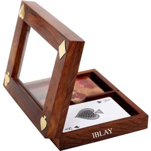 IBLAY Handmade Wooden Playing Card Holder Box -See Through Playing Cards Case