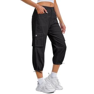 Eddoyee Cargo Capris for Women Pants Cotton Hiking Pants with 6 Pockets Elastic Waist Casual Summer Pants 2026 Black Size M