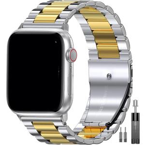 EPULY Compatible with Apple Watch Band, Business Stainless Steel Metal Wristband for iWatch SE Series 7 6 5 4 3 2 1 for Men Women (Silver+Gold, 45mm 44mm 42mm)
