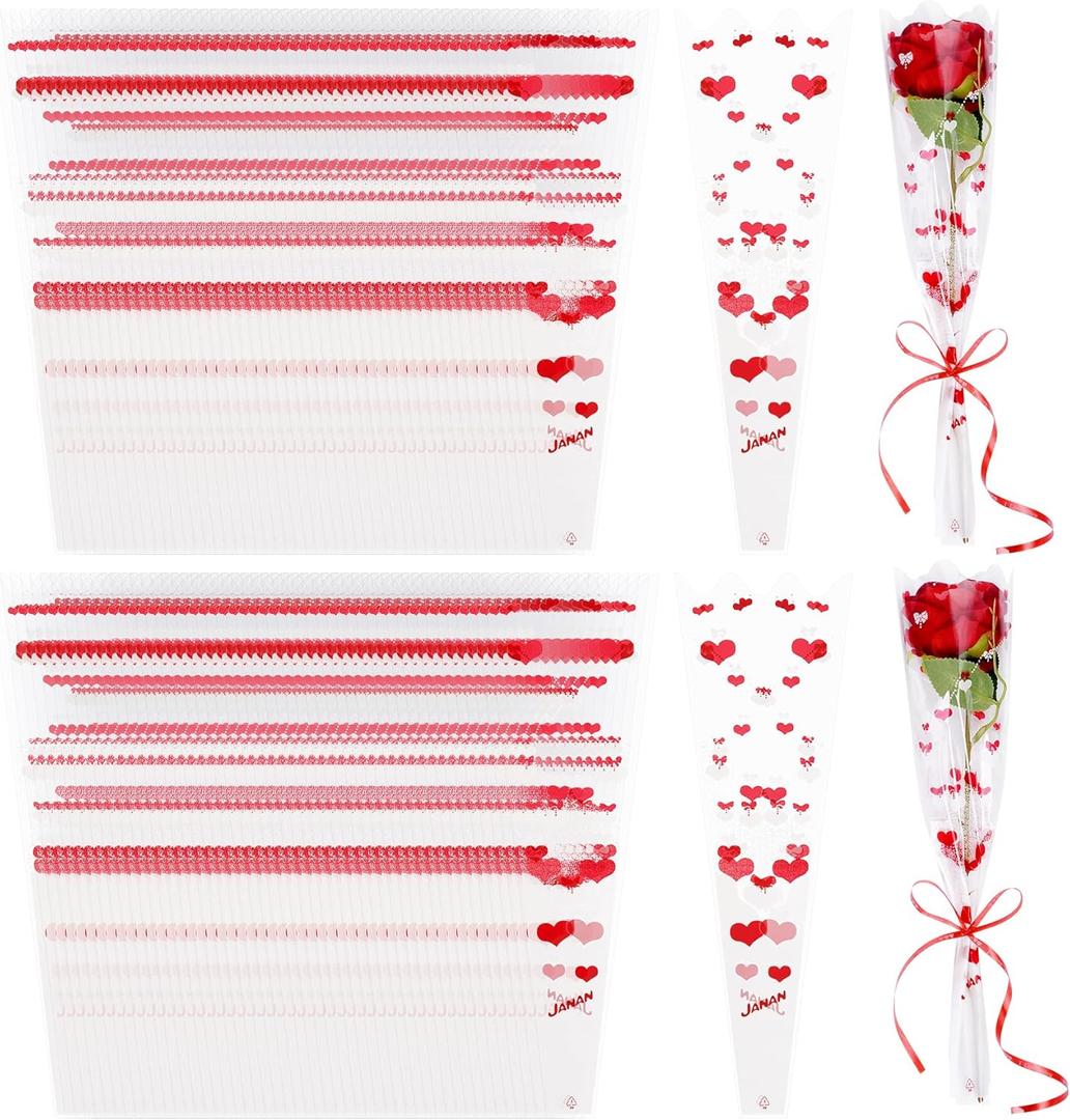 Hmxpls 100Pcs Single Rose Sleeve, Single Flower Sleeve, Flower Bouquet Sleeves for Valentine's Day Graduation Mother's Day Wedding Birthday Party (Red)