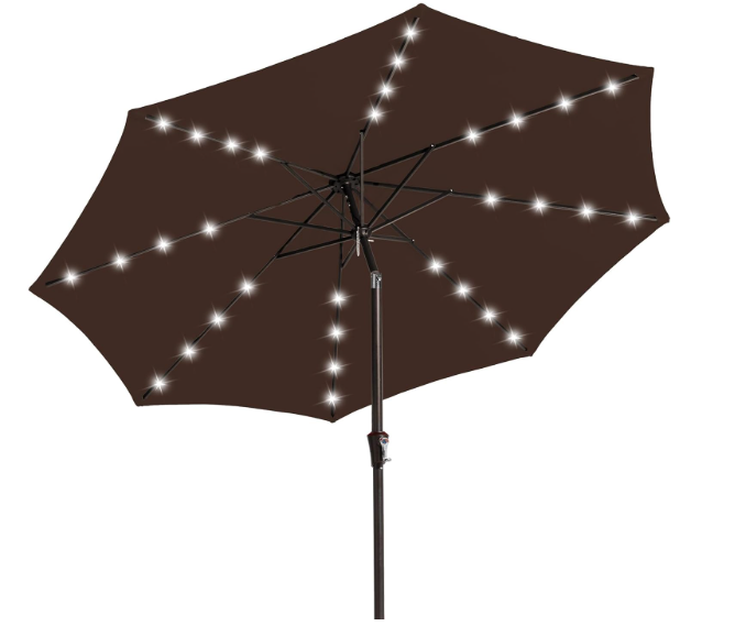 JEAREY 9FT Outdoor Patio Umbrella with Solar Lights, LED Lighted Pool Umbrella with Tilt and Crank, Outdoor Table Umbrellas for Deck, Yard & Market (Brown)