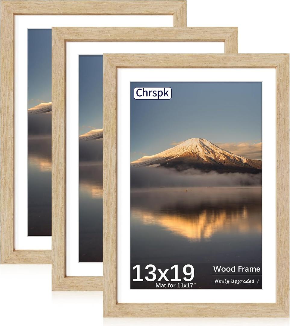 13x19 Poster Frame, Display Pictures 11X17 with Mat or 13x19 Without, Wall Hanging Frames, Natural Oak, 3 Pack