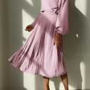 PRETTYGARDEN Women's Spring Midi Dress Long Puff Sleeve Wrap V Neck Flowy Ruffle Pleated Casual Fall Dresses (Pink, L)