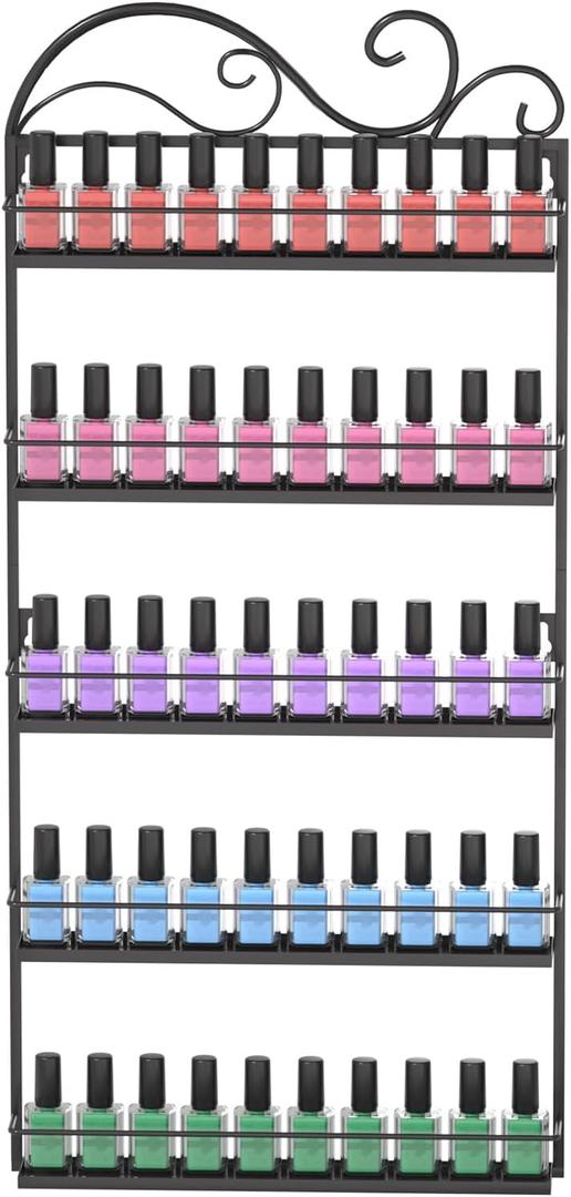 ERYTLLY Wall Mounted Nail Polish Rack, Rectangle Nail Storage Organizer, Salon Shelf Organizer (Black)