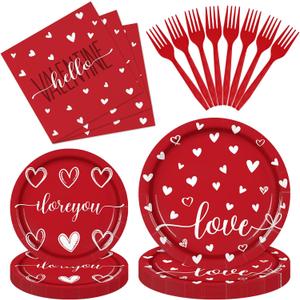 96 Pieces Valentines Day Tableware Set  Red and White Disposable Plates, Napkins, and Forks with Heart and Love Designs for Valentines Parties Romantic Celebrations  Serves 24 Guests