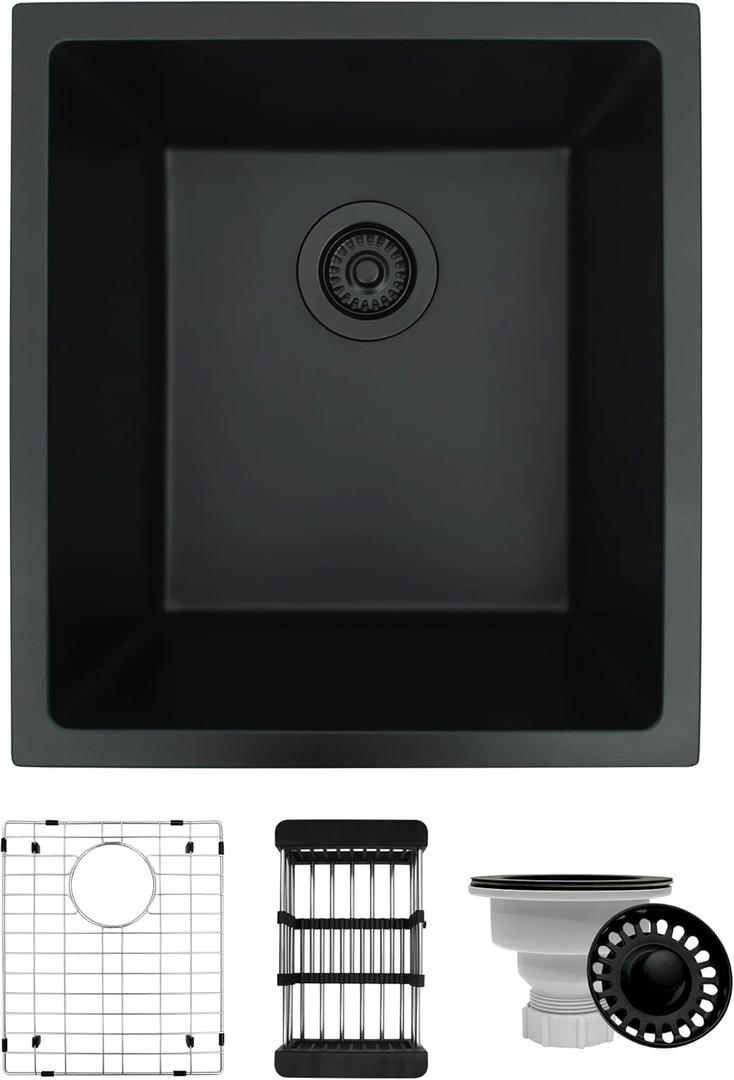 Matte Black Kitchen Sink, 17" x 19" x 10" Black Undermount Bar Sink,10 Inch Depth Small and Deep Kitchen Sinks, 17 x 19 Granite Composite Single Bowl Sinks with Accessories