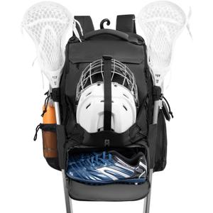 Himal Outdoors Lacrosse Bag with Helmet Storage- Premium Lacrosse Backpack with Two Stick Holder- Extra Large Separate Shoe Compartment-Zipper Pocket & Towel Ring and Padded Shoulder Straps (Deep black)