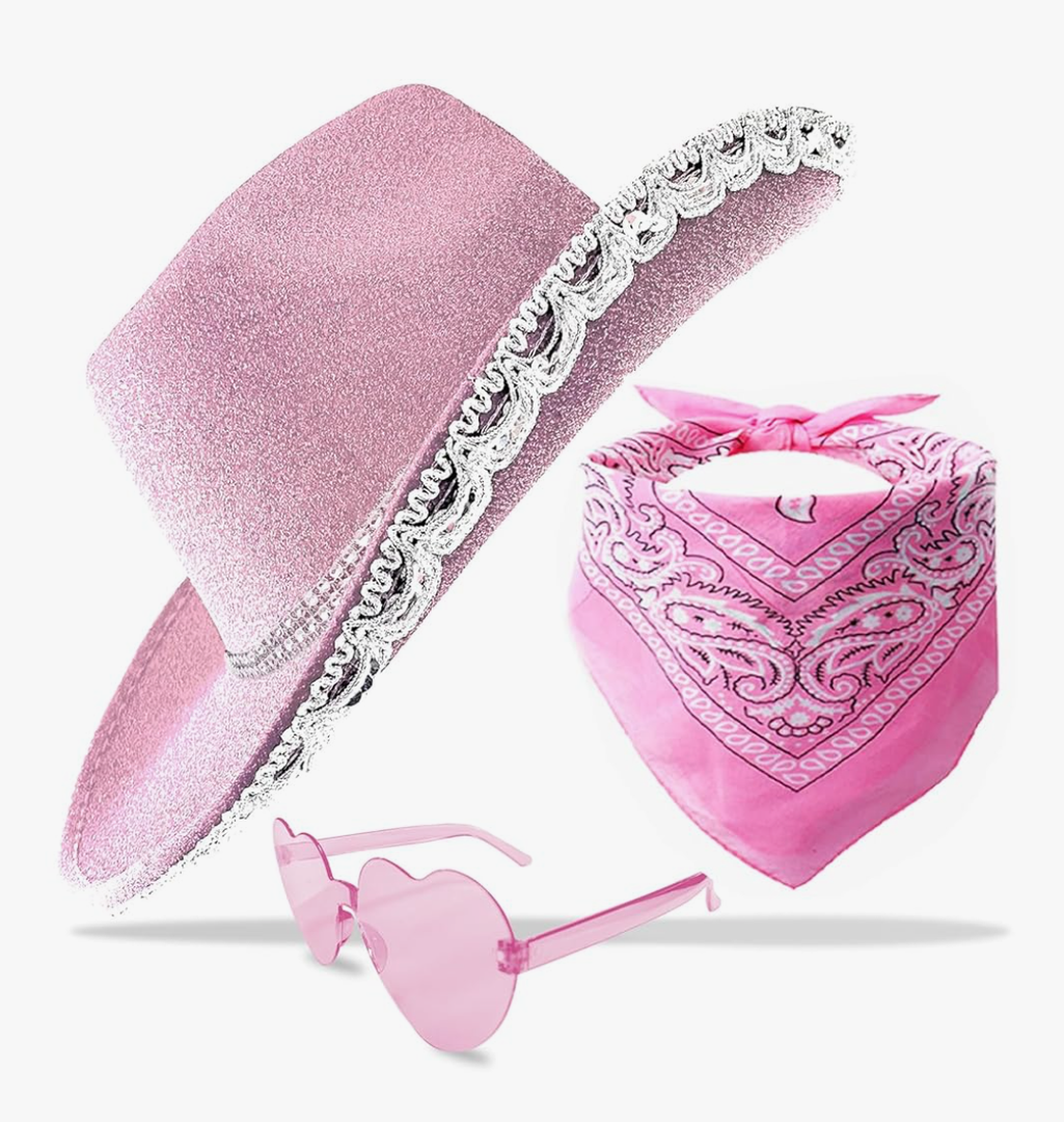 Cowboy Hat Pink Cowgirl Hat with Sequins & Tiara Belt for Women Rodeo Party Hats with Heart Glasses