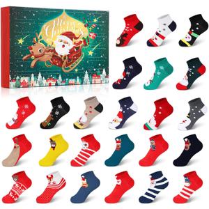 MJartoria Christmas Socks Advent Calendar 2025 Kids -24 Days of Advent Box Socks Christmas Countdown, Santa Elk Snowman Tree Pattern for Gifts Advent Calendar