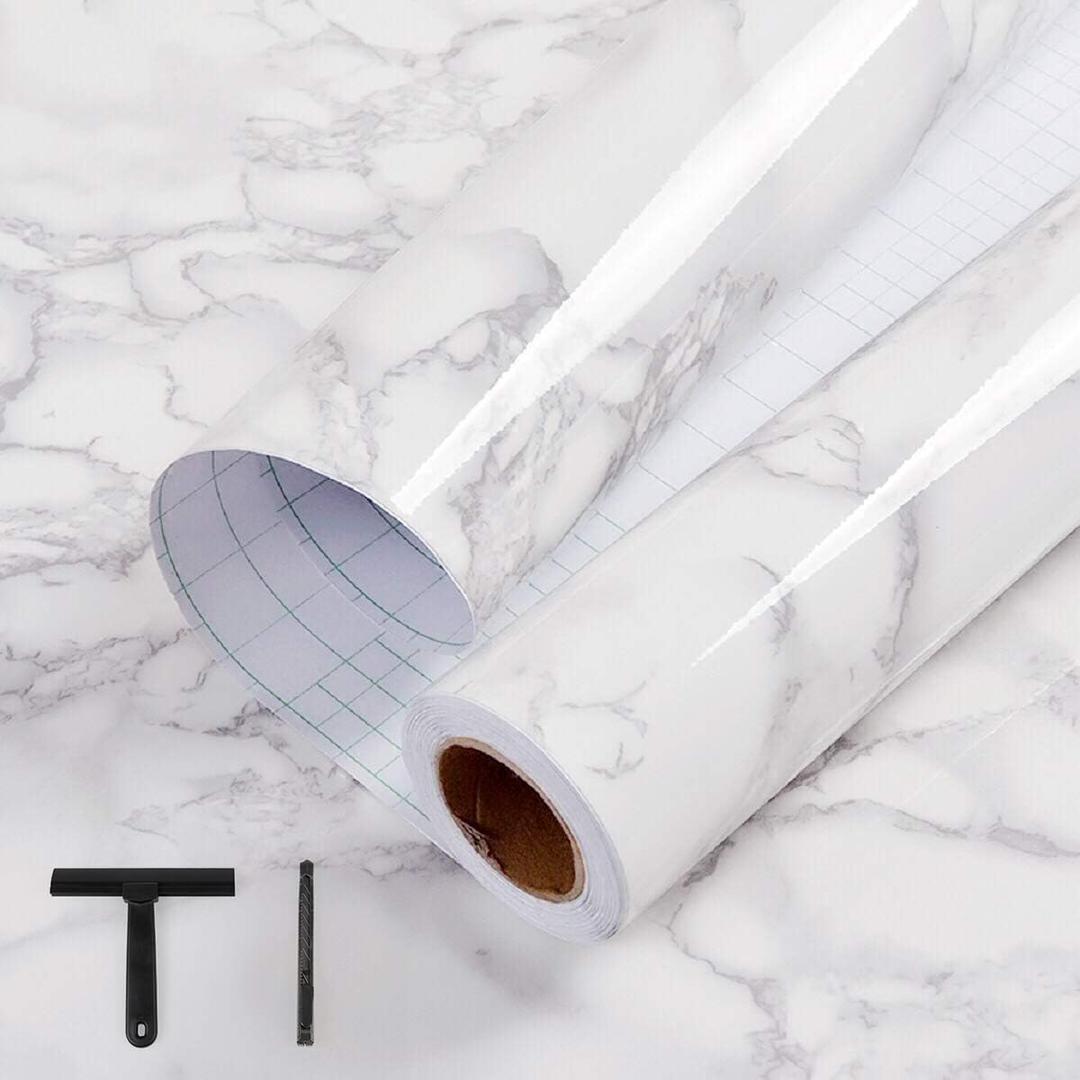 practicalWs White/Grey Marble Contact Paper 17.7" x 196.8", Marble Wallpaper Peel and Stick with Tools, Self Adhesive Vinyl Film Contact Paper for Countertops