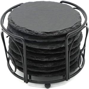 8 PCS Round Slate Drink Coasters Set, SIJDIEE 4 Inch Laser Engraving Black Slate Stone Coasters with Anti-Scratch Bottom and Coaster Holder for Office Bar Kitchen Home Dinner Table Decor Supplies