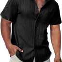JMIERR Hawaiian Shirt for Men Button Down Short Sleeve Shirts Textured Casual Summer Beach Linen Shirts (Large, 02 Black)